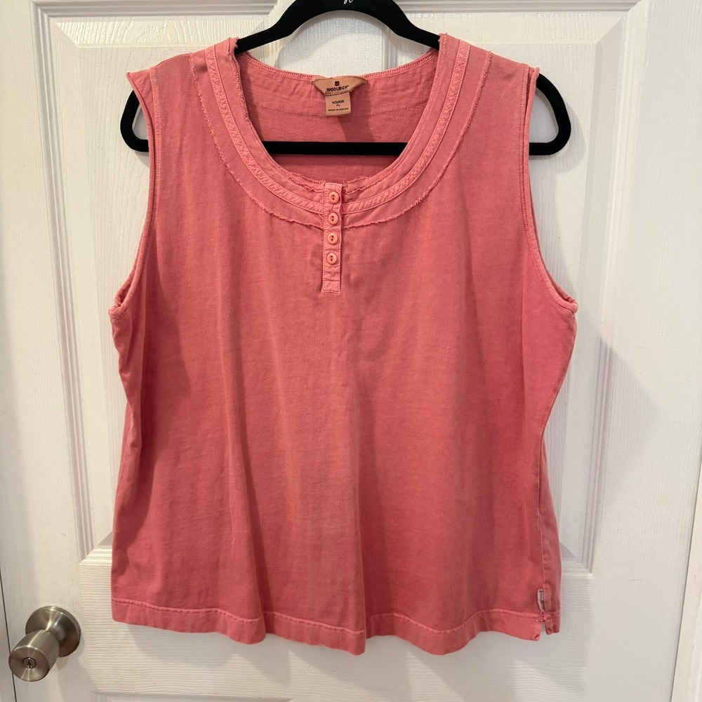 Woolrich Womens XL Geranium Pink Cotton Henley Sleeveless Tank Top Shirt Outdoor